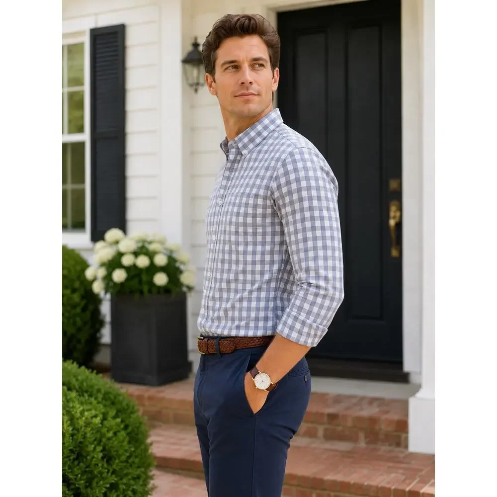 J.Crew Flex Slim Fit Gingham Button Down Shirt Blue Gray Business Casual Preppy